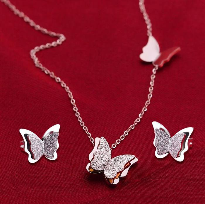 1 Set Sweet Butterfly Titanium Steel Plating Earrings Necklace