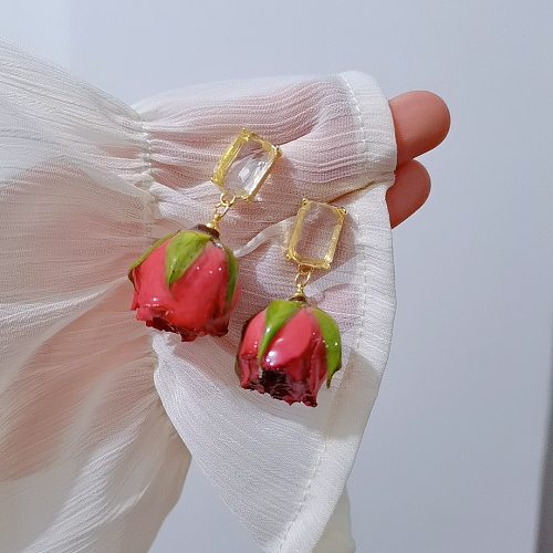 1 paire de boucles d'oreilles pendantes avec incrustation de fleurs et strass en cuivre, Style Simple