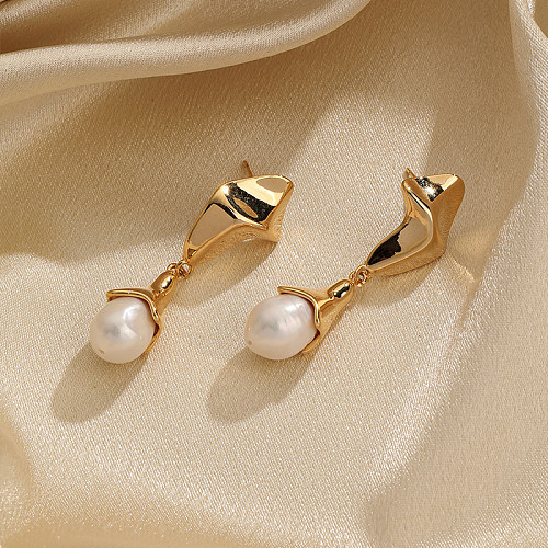 1 Pair Retro Simple Style Roman Style Geometric Plating Inlay Copper Freshwater Pearl 18K Gold Plated Drop Earrings