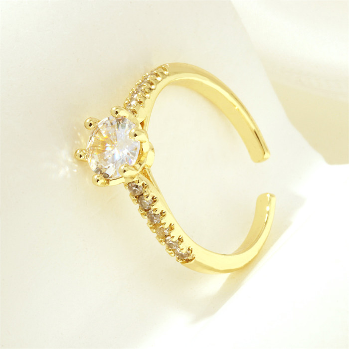 Simple Style Commute Round Square Eye Copper Plating Inlay Zircon 18K Gold Plated Open Rings