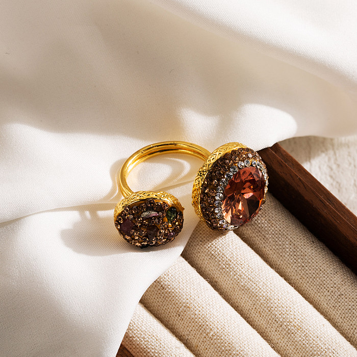 Luxuoso oval gotas de água chapeamento de cobre incrustação de pedra natural concha 18K anel aberto banhado a ouro
