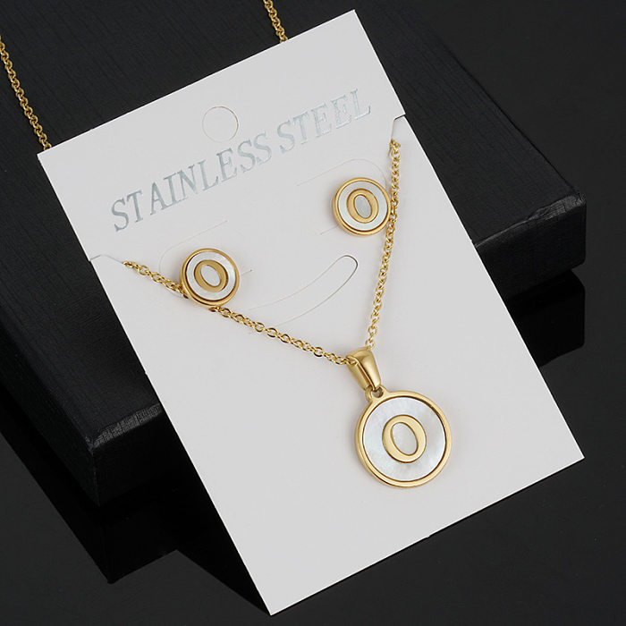 Simple Style Round Letter Stainless Steel Gold Plated Shell Earrings Necklace 3 Piece Set
