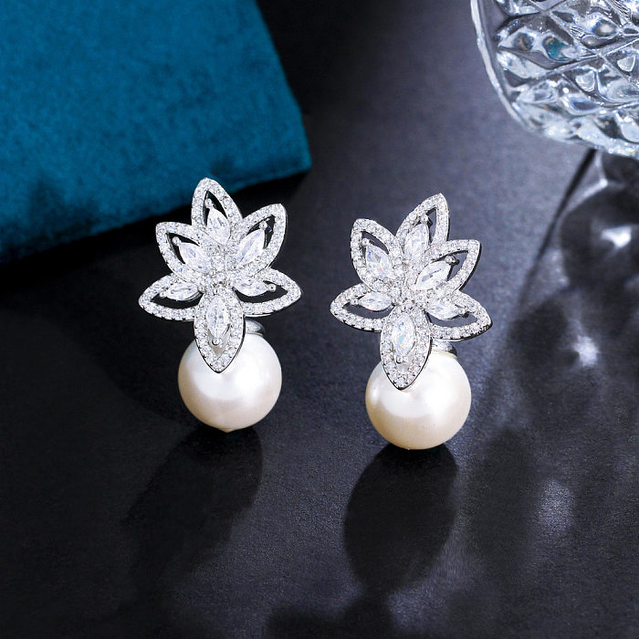 1 par elegante folhas doces chapeamento incrustação de cobre pérolas artificiais diamante artificial banhado a prata brincos de gota
