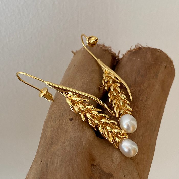 1 Pair Bohemian Printing Plating Inlay Copper Pearl Drop Earrings