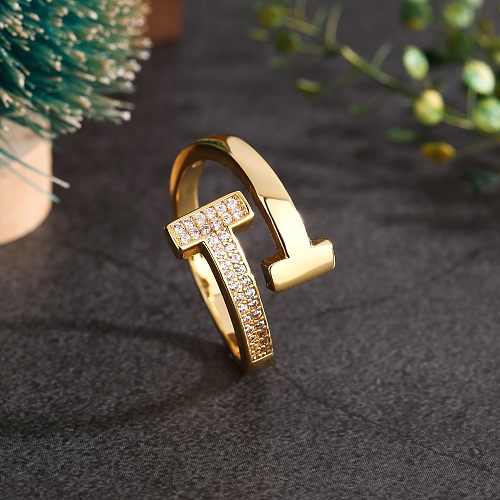 1 Piece Simple Style Letter Copper Plating Zircon Open Ring