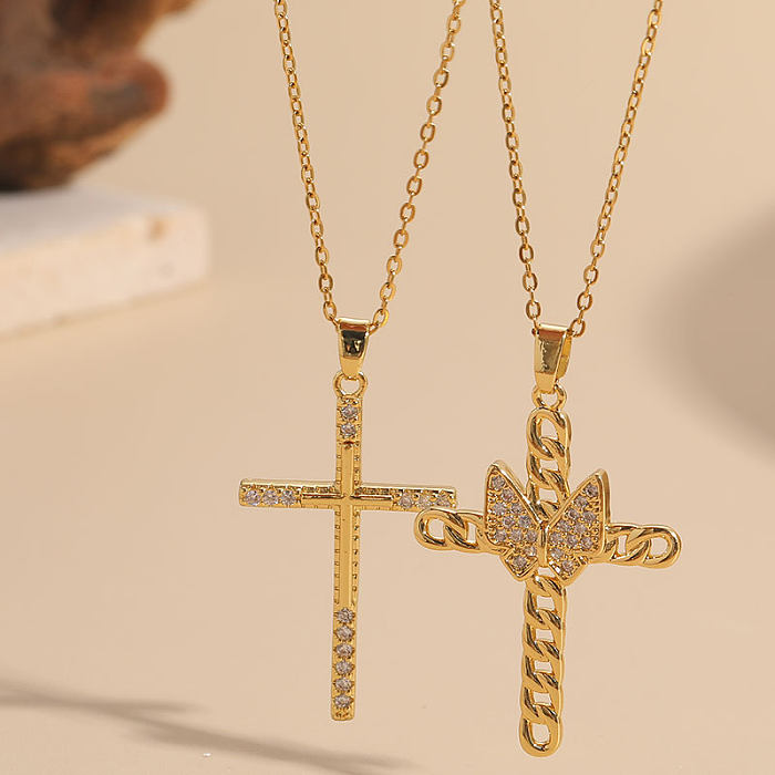 Casual Cross Copper Irregular Inlay Zircon 14K Gold Plated Necklace