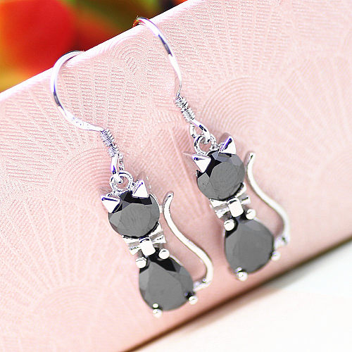 Cute Cat Copper Inlay Zircon Drop Earrings 1 Pair