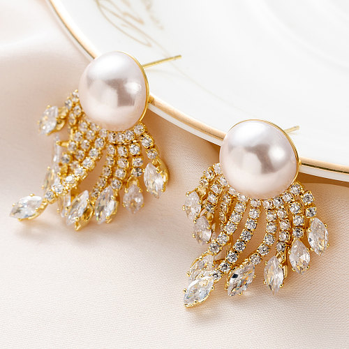 1 paire de boucles d'oreilles luxueuses avec pompon plaqué cuivre, incrustation de perles en Zircon plaqué or 24 carats