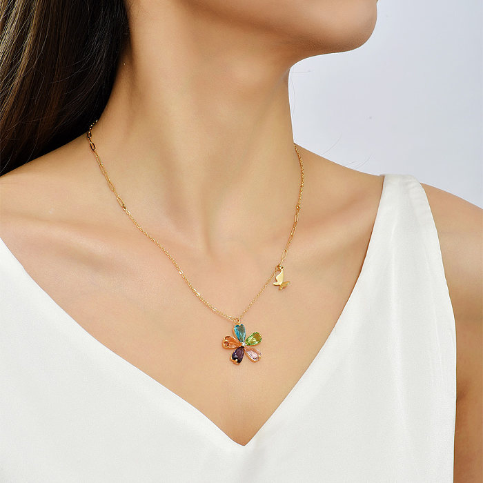 Mode Blume Schmetterling Kupfer Inlay Zirkon Layered Halsketten 1 Stück