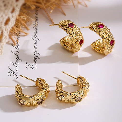 1 Pair Retro C Shape Plating Inlay Copper Zircon 18K Gold Plated Ear Studs