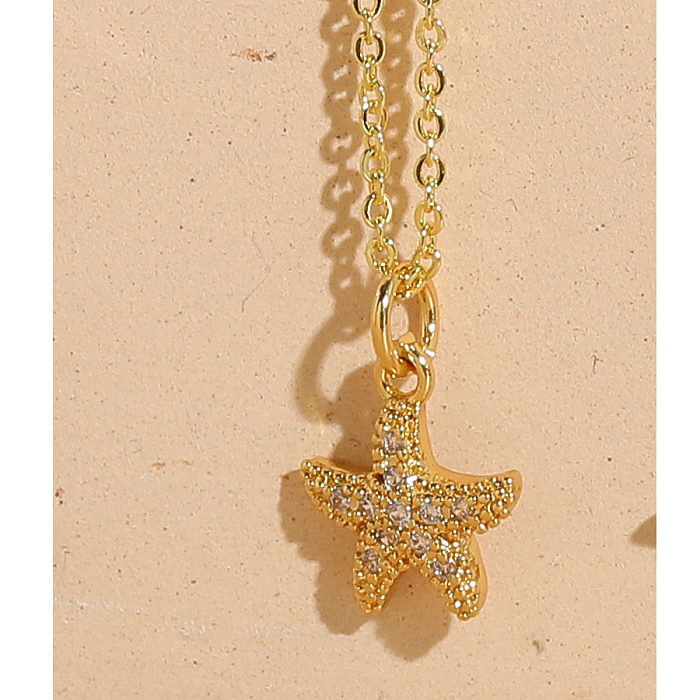 Férias praia estrela do mar cobre chapeamento inlay zircon 14k banhado a ouro branco colar pingente