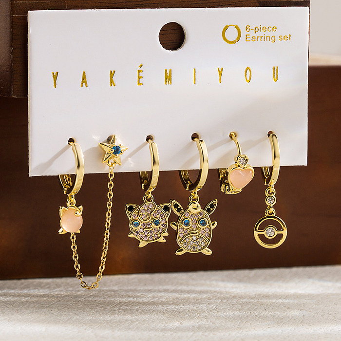 Lindo personaje de dibujos animados estrella luna cobre circonita asimétrica pendientes colgantes chapados en oro de 14 quilates