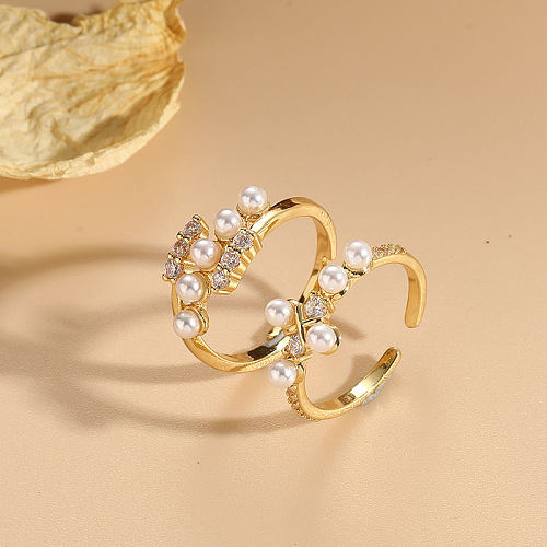Eleganter, luxuriöser, klassischer offener Ring mit Kugelverkupferung, Inlay, künstlichen Perlen, Zirkon und 14-karätigem Gold