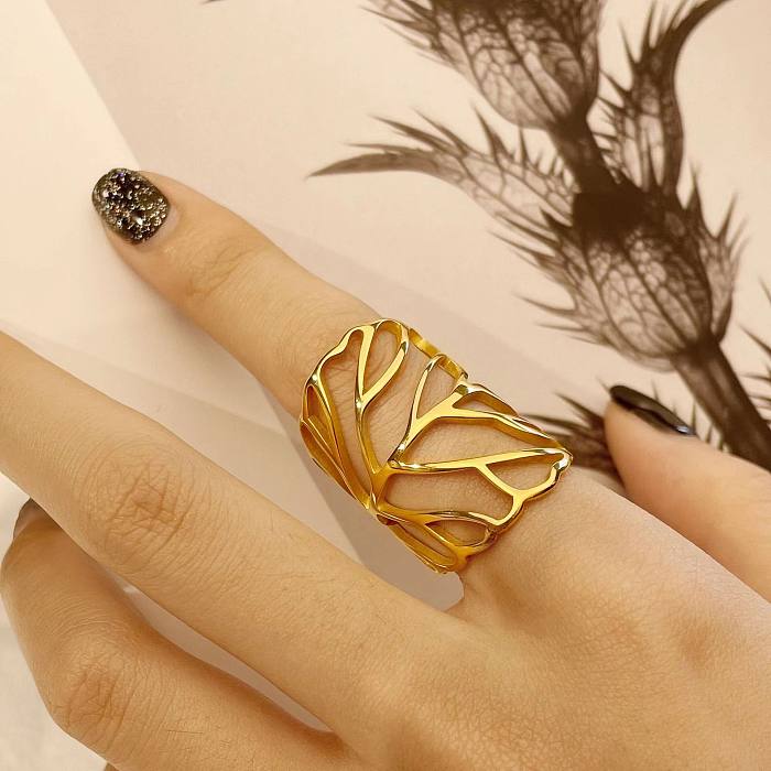 Casual Vacation Leaves Stainless Steel 14K Gold Plated Wide Band Ring In Bulk