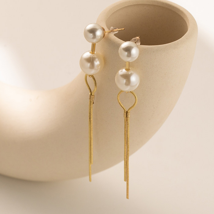 1 Pair Sweet Simple Style Round Tassel Tassel Plating Imitation Pearl Copper Drop Earrings