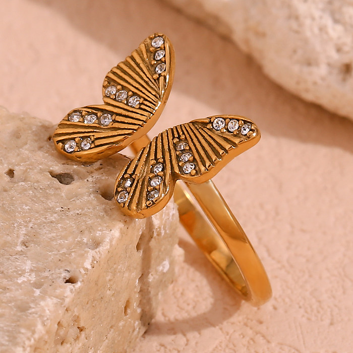 Basic Simple Style Classic Style Butterfly Stainless Steel Plating Inlay Zircon 18K Gold Plated Open Rings