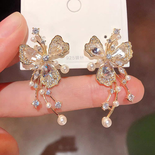 1 paire de boucles d'oreilles pendantes en cuivre et diamant artificiel, Style féerique, incrustation de papillon
