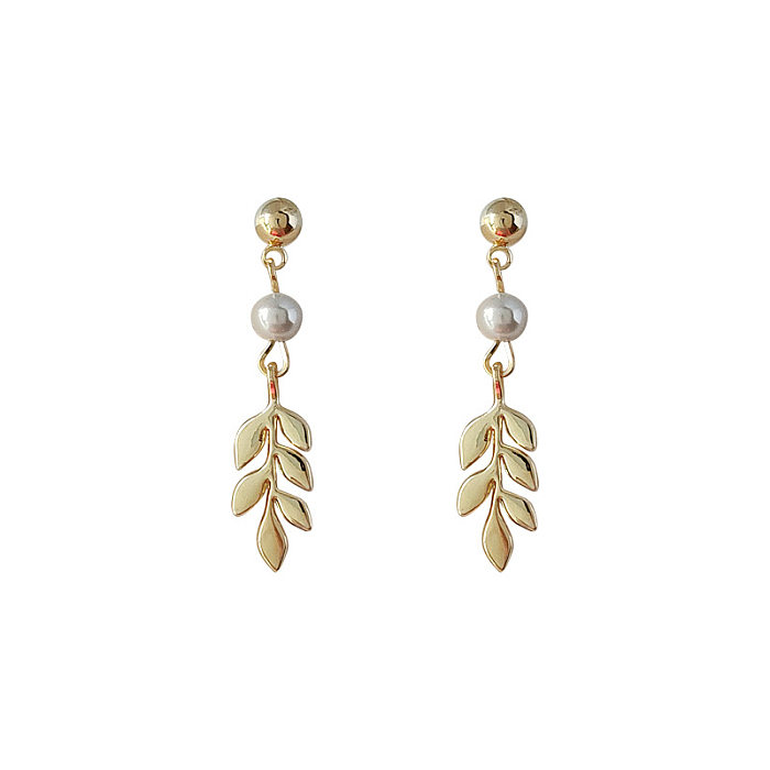1 Pair Elegant Leaf Copper Plating 14K Gold Plated Drop Earrings