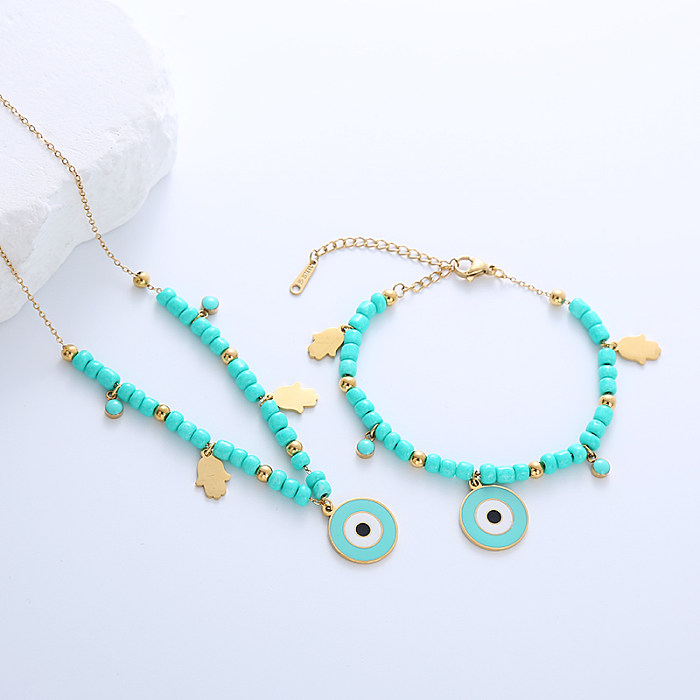 Ethnic Style French Style Four Leaf Clover Devil'S Eye Flower Stainless Steel Turquoise Beaded Handmade Plating 18K Gold Plated Bracelets Necklace