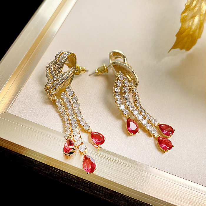 1 Pair Lady Water Droplets Knot Tassel Inlay Copper Zircon Drop Earrings