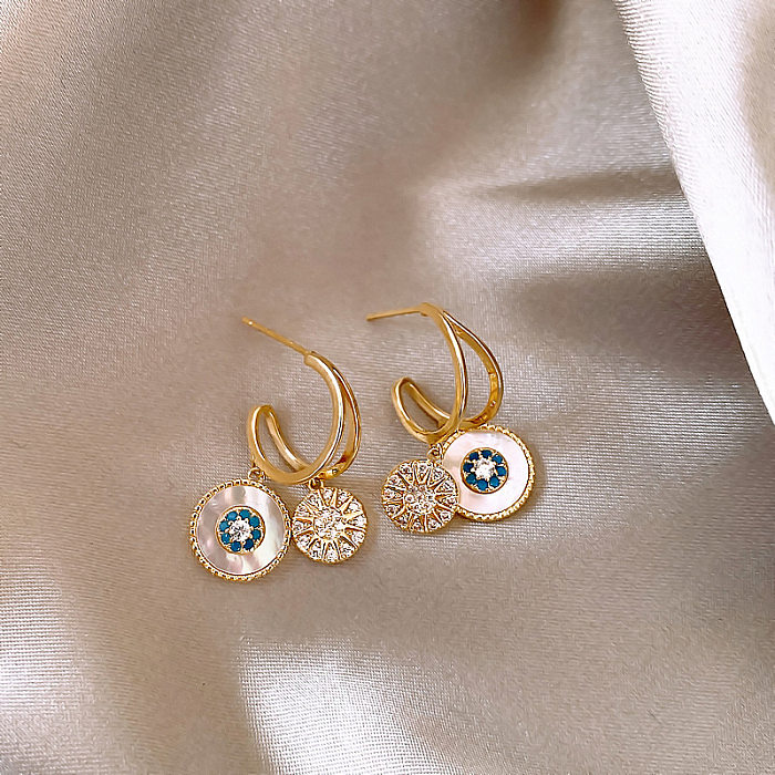 1 Pair Elegant Lady Round Inlay Copper Shell Zircon Drop Earrings