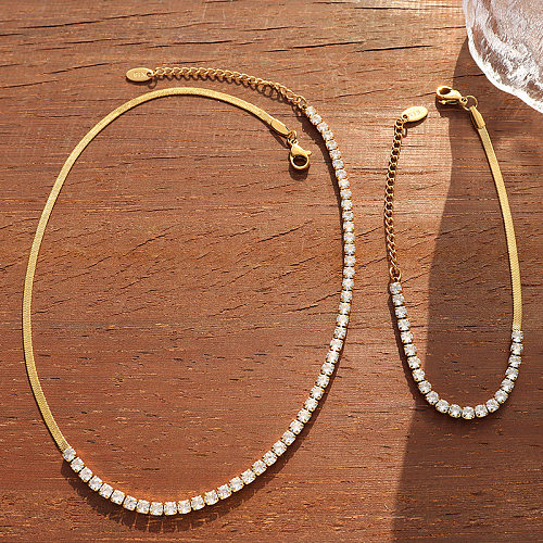 Mode diamant Zircon incrusté couture lame chaîne plaqué or collier Bracelet