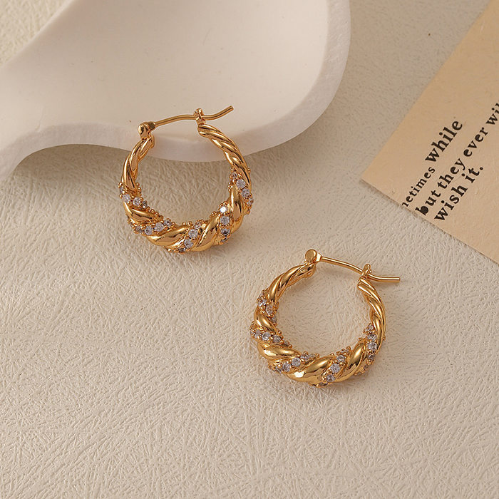 1 Pair Elegant Twist Plating Inlay Copper Zircon Hoop Earrings
