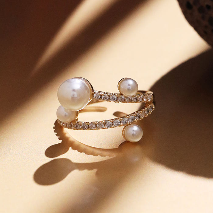 Anillos abiertos de circón de perlas artificiales con incrustaciones de cobre irregulares de estilo coreano IG