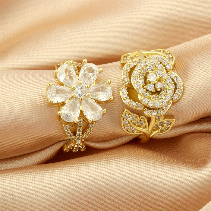 Simple Style Rose Flower Copper Plating Inlay Zircon 18K Gold Plated Open Rings