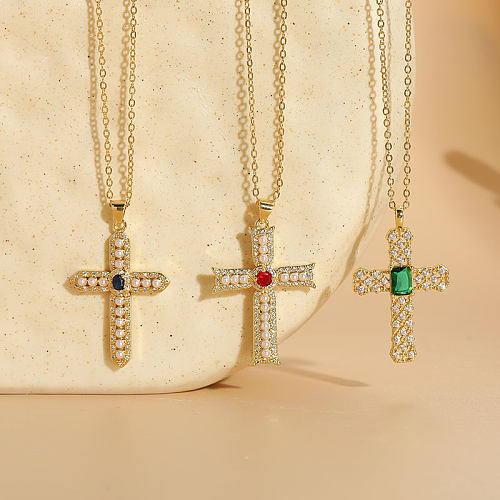 Elegante, luxuriöse, klassische Kreuz-Kupfer-Inlay-Perlen-Zirkon-Anhänger-Halskette mit 14-Karat-Vergoldung
