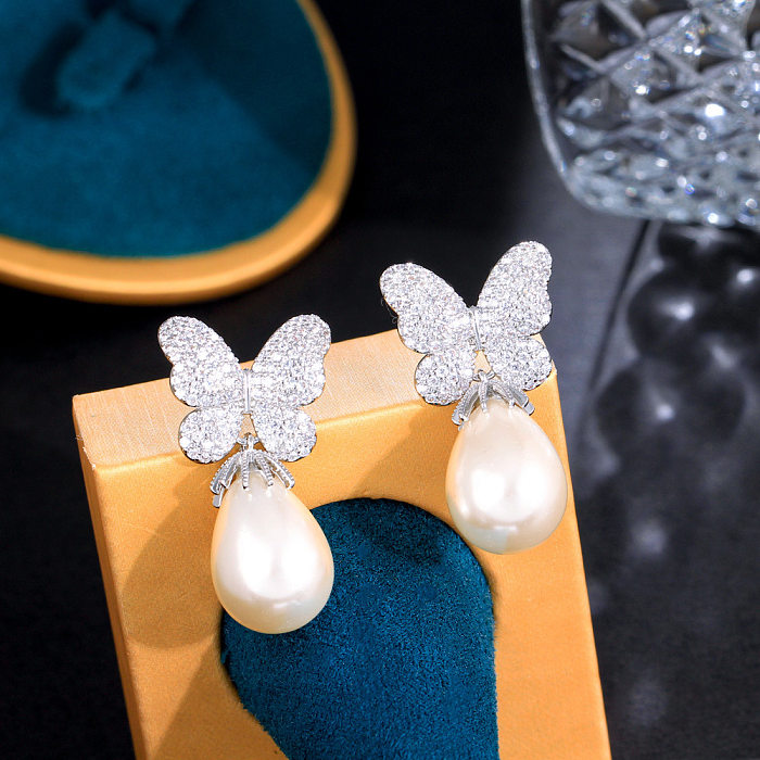 1 Pair Hip-Hop Lady Sweet Butterfly Plating Inlay Copper Artificial Pearls Artificial Diamond Rhodium Plated Silver Plated Drop Earrings