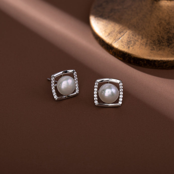 1 par de pendientes cuadrados de circonita de cobre con incrustaciones de perlas de agua dulce con diseño Original