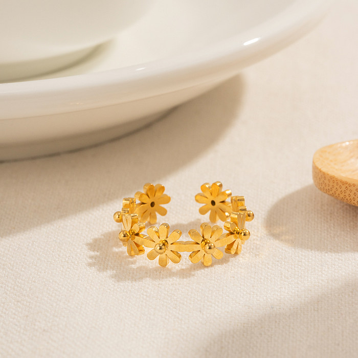 IG Style Sweet Flower Stainless Steel 18K Gold Plated Open Ring In Bulk