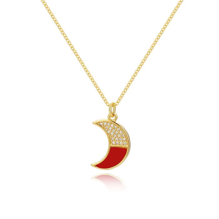 Elegant Streetwear Moon Copper Inlay Zircon Pendant Necklace