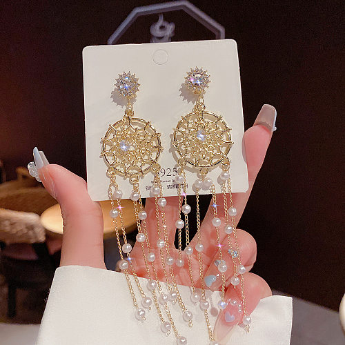 Pendientes colgantes de circonita con perlas artificiales y incrustaciones de cobre de telaraña a la moda, 1 par