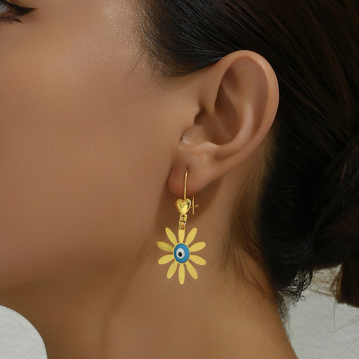 1 Pair IG Style Casual Heart Shape Eye Daisy Plating Inlay Copper Resin 18K Gold Plated Drop Earrings