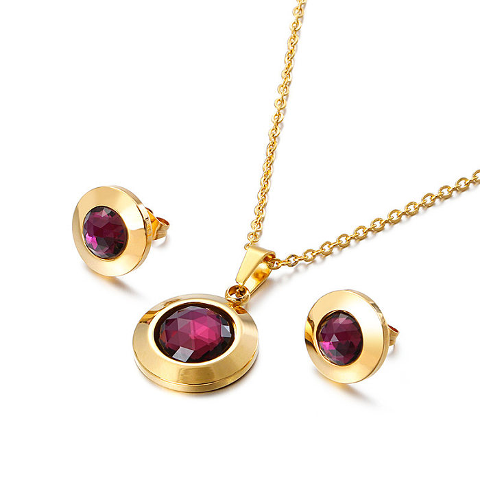 Fashion New Round Personality Crystal Necklace Earrings Gold Set