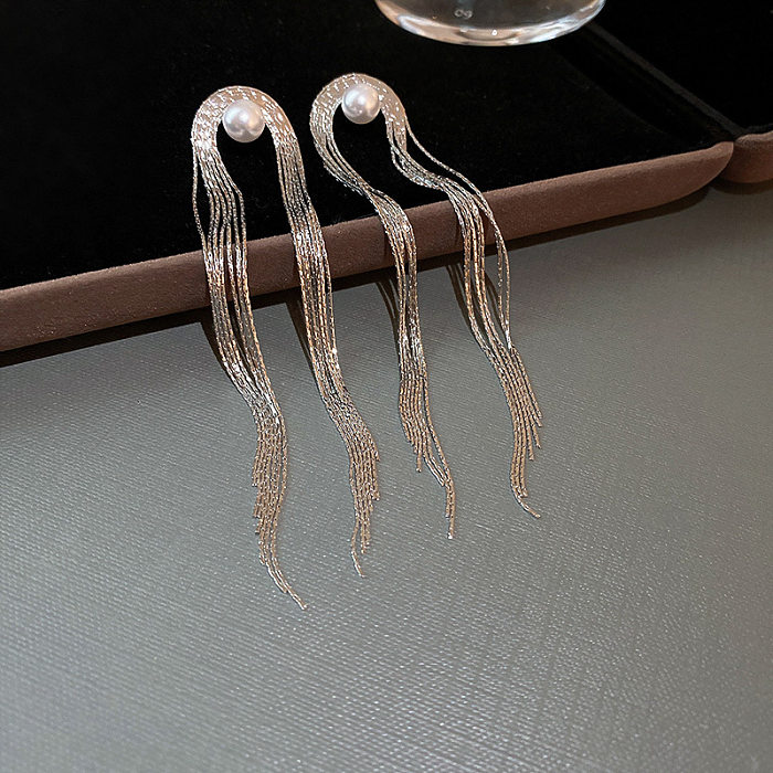 Fashion Geometric Copper Tassel Artificial Pearls Drop Earrings 1 Pair