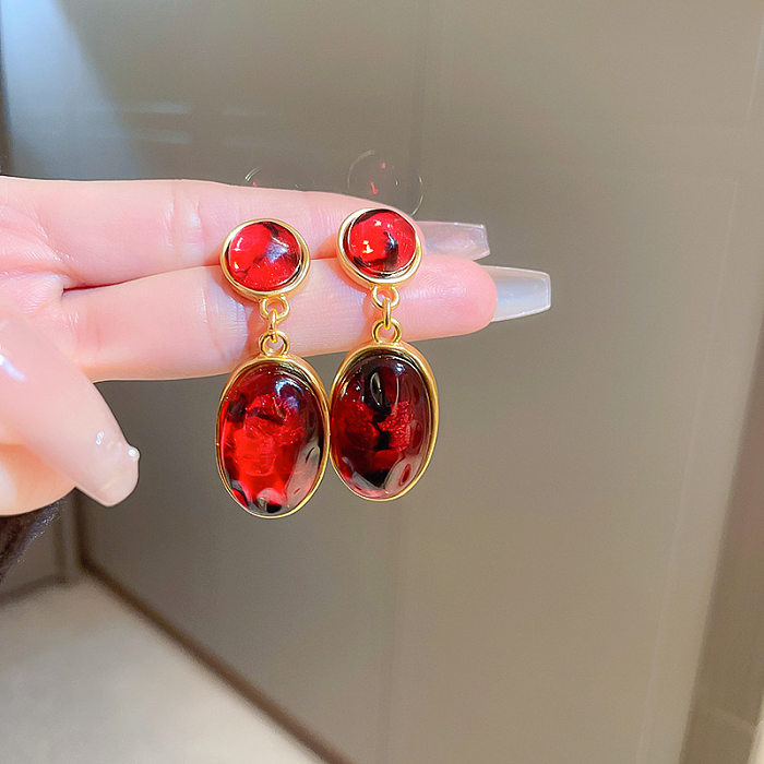Retro Oval Copper Inlay Resin Pearl Drop Earrings 1 Pair