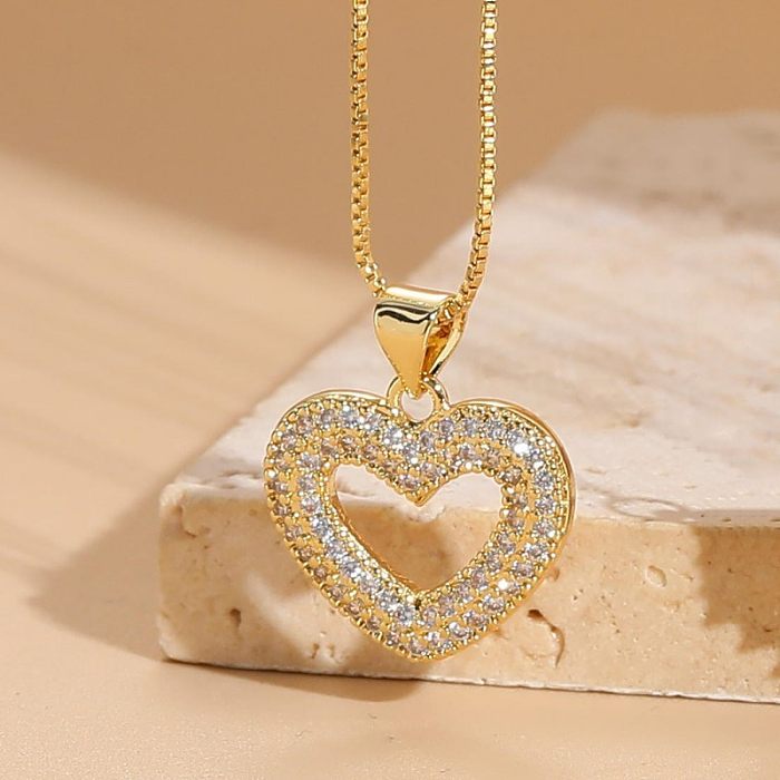 Elegant Sweet Heart Shape Copper Plating Inlay Zircon 14K Gold Plated Pendant Necklace
