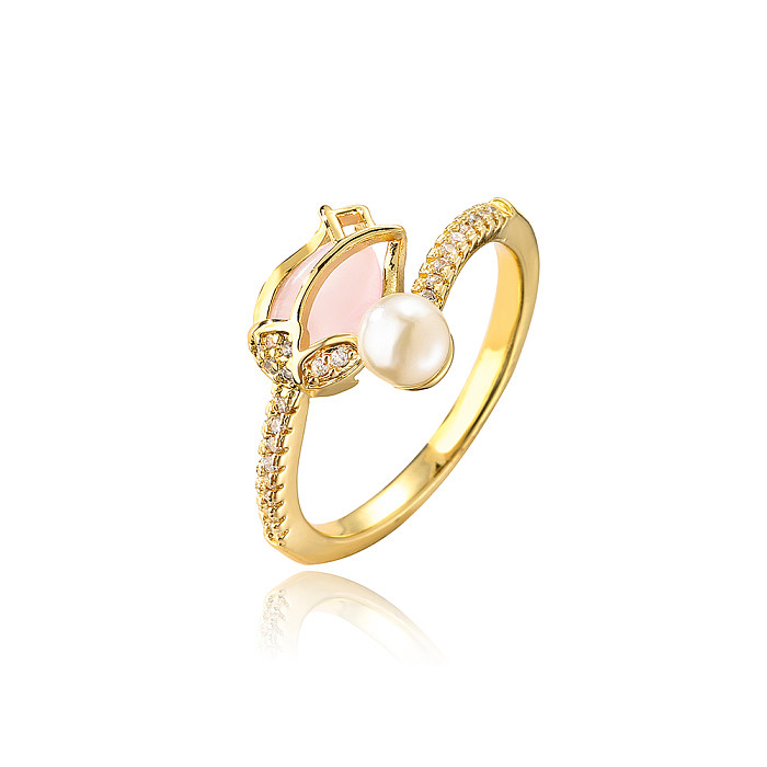 Moda geométrica flor cobre banhado a ouro pérolas artificiais zircão anel aberto 1 peça