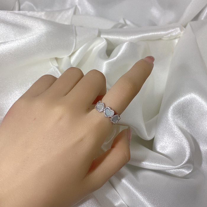 Casual Shiny Letter Heart Shape Solid Color Copper Plating Inlay Pearl Shell Zircon Open Rings