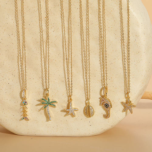 Elegante, luxuriöse, klassische Kokosnussbaum-Seestern-Halskette mit verkupfertem Inlay aus Zirkon und 14 Karat vergoldetem Anhänger