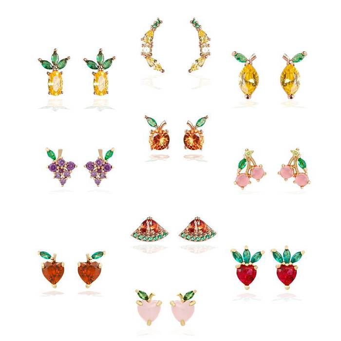 Fashion Color Zircon Fruit Pendant Gold Plated Copper Earrings Wholesale jewelry