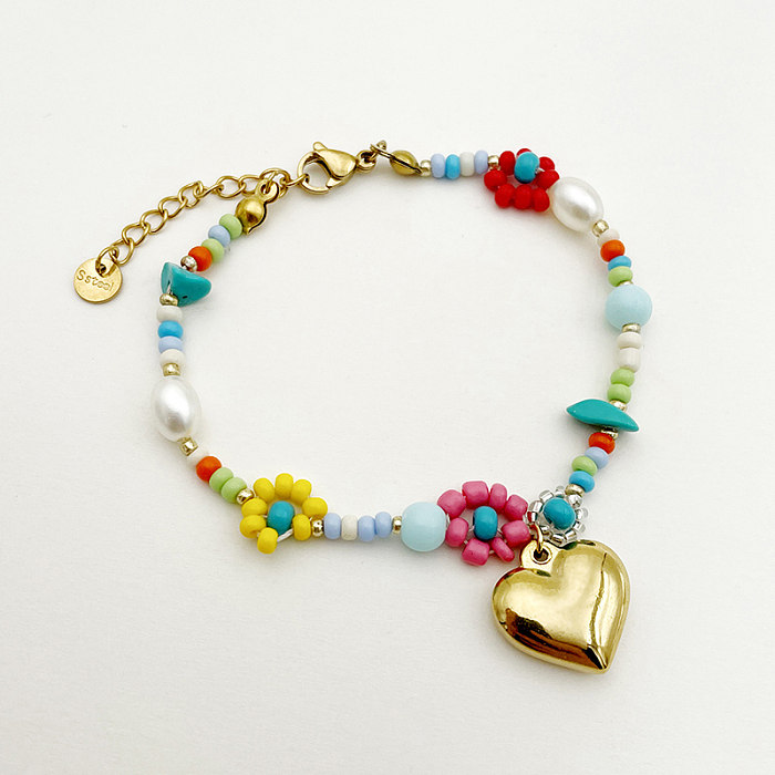 Vacation Sweet Heart Shape Flower Stainless Steel Beaded Pearl Plating Gold Plated Bracelets Necklace