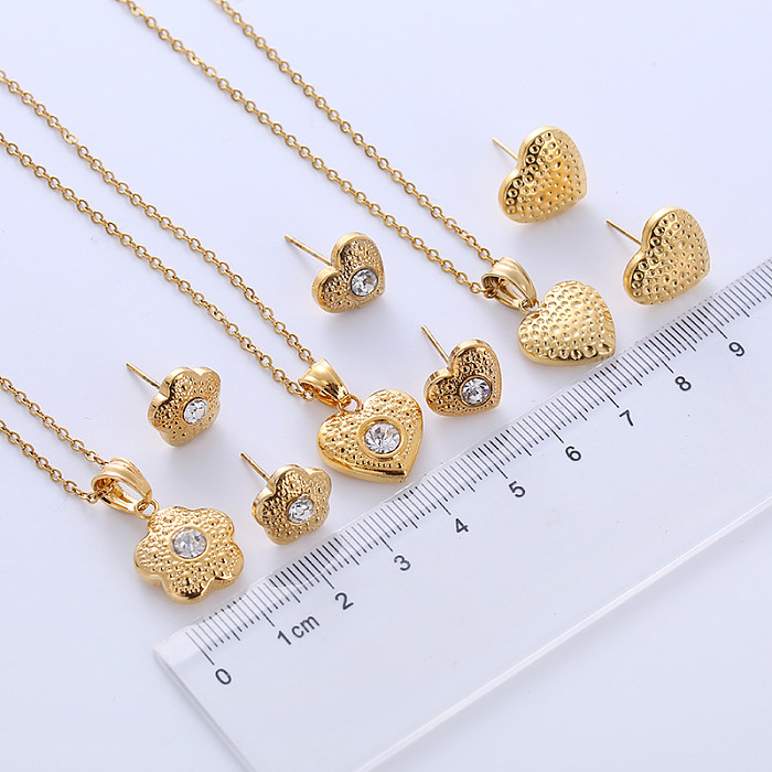 Estilo simples forma de coração flor chapeamento de aço inoxidável zircão 18k banhado a ouro brincos colar conjunto de jóias