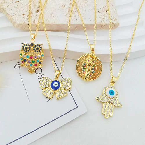 IG Style Devil'S Eye Palm Owl Copper Plating Inlay Zircon Pendant Necklace