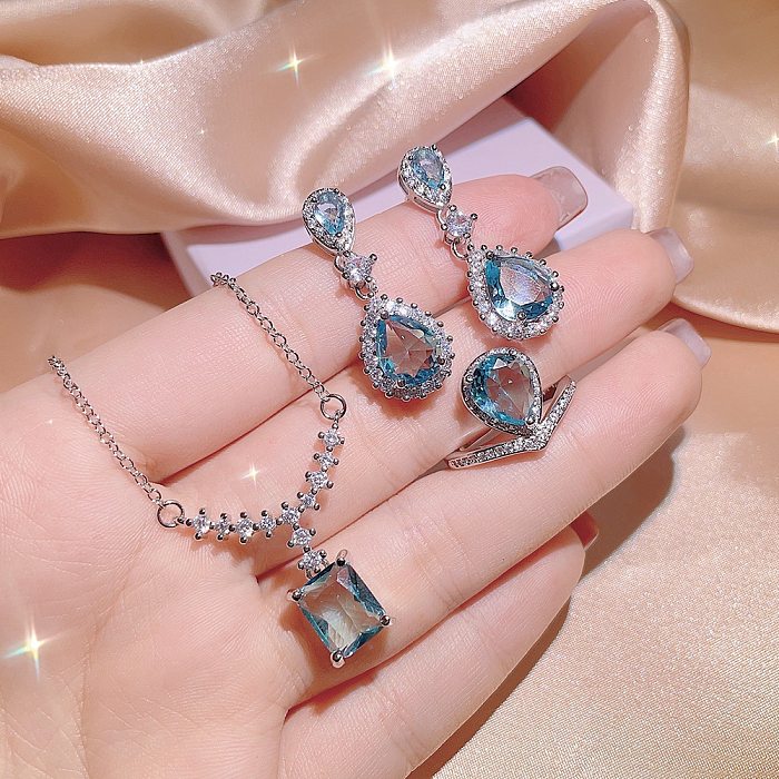 Elegant Shiny Water Droplets Titanium Steel Inlay Zircon Rings Earrings Necklace