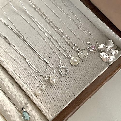 Sweet Round Star Flower Copper Plating Inlay Rhinestones Pearl White Gold Plated Silver Plated Pendant Necklace
