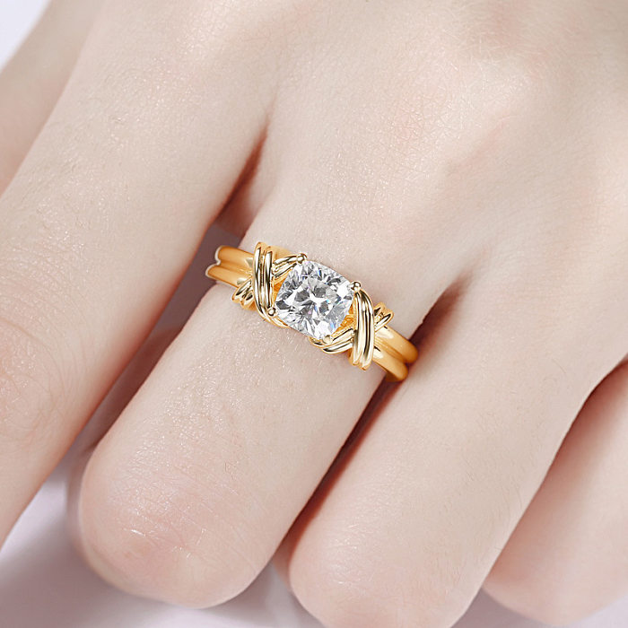 Simple Style Solid Color Copper Plating Inlay Gem Gold Plated Rings